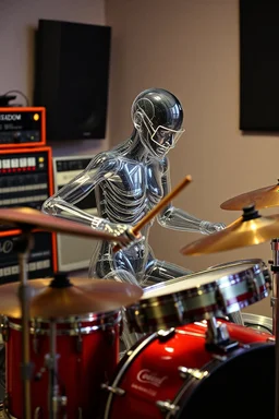 The whole body of Maniquí de glassy Artist mader playing the Drums , Audio studio gears in the background