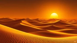 Draw a vast desert landscape with dramatic lighting that captures the texture of sand dunes under a golden sunset. The shadows should be long and the sky should have a gradient of warm tones.