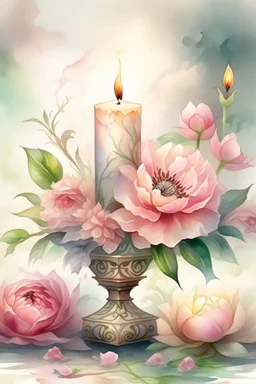 MAGIC A PYRAMID CANDLE IS BURNING AROUND WONDERFUL FLOWERS English watercolor, Smoky cream, pale gray, pale pink, pink background. bright light, a bouquet of roses on the table are pale pink, pale bordeaux, white, ochre. green stems, the light is translucent. Watercolor, fine ink drawing, peonies in an hourglass, elegant gold inlay, rich interior