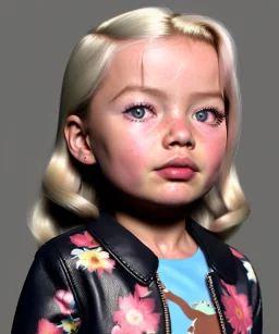 Margot Robbie toddler, full body, sneaker, leather jacket, floral shirt, soft skin, dramatic lighting, hyper realistic