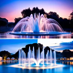 Create a scene where 16 fountains in a small sea shoot water jets in the shape of a love symbol, creating beautiful splashes in the water.