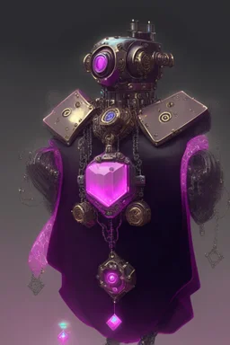 A steampunk robot with a pink gem in its chest wearing a black robe