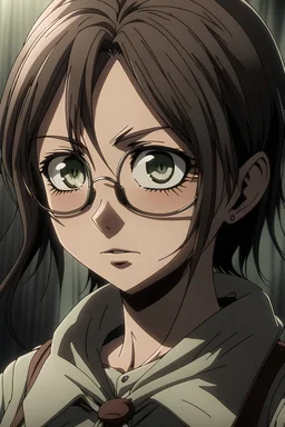 The character of a girl whose hair reaches her shoulder is slightly scattered, a dark brown color as if it is black and her eyes as well, and she wears medical glasses while she is black from anime. attack on titan