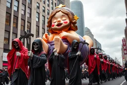 macys thanksgiving day parade style cartoonish giant baby jesus floating parade balloon pulled by multiple grim reapers, multi colored, bright, vivid, psychedelic, high detailed, high gloss, insanely detailed, matte, horrorcore, lining the street, unsettling contrast, monument to death, live action shot grim reaper parade, pulling a jesus parade float
