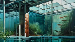 Oil painting, The severe lines and geometric forms of a brutalist exterior structure mirrored in the tranquil waters of an aquarium inside, blending the natural and artificial elements., creative, extremely detailed brush stroke