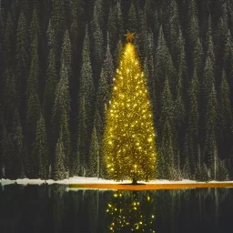 isolated christmas tree in the middle of mountain