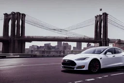 A Tesla's 'Model S' is racing at top speed, on the 'Brooklyn Bridge' in New York. CINEMATIC. WIDE ANGLE LENS. PHOTO REAL.