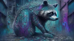 Graffiti trash panda; neo-surrealism dystopian eldritch elegant fantastical intricate hyperdetailed holographic magnificent meticulous mysterious ominous