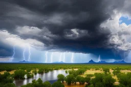 a stormy monsoon rainstorm in the arizona desert, the landscape is mostly green with lots of mesquite trees and bushes, puddles, volumetric lighting, volumetric clouds, beautiful cloudy deep blue sky, 8k, uhd, by georgia o'keeffe and thomas kinkade and quentin mabille and geoffroy thoorens, trending on artstation