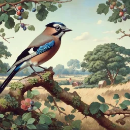 Wildlife painting in the style of Charles Tunnicliffe, showing a European Jay, perched upon the branch of a tree in the English countryside. Modifiers: oil on canvas Art Nouveau 1950s style oil on canvas wildlife art Charles Tunnicliffe ladybird books Art Nouveau oil on canvas oil on canvas