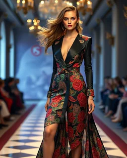 full length image gorgeous realistic professionals photography supermodel fashion magazine European beautiful woman,dressing luxurious clothing lady roaster colorful art conceptual, amazing artwork, hyper detailed, ultra maximalist quality, 8k, in catwalk fashion show luxurious