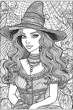 coloring pages for adults, beautiful girl in hallowen costume, in the style of Blocky, Swirly lines, Low Detail, Graded background, Black and white, No Shading, --ar 9:16