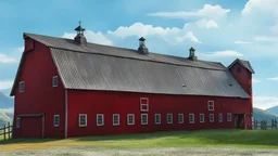 game art of a red barn with a blue sky and the sun and clouds with mountain in the background