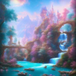 turquoise river, sun, waterfalls, pink fairy castle