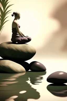 delicate background with spa stones and a bamboo stem, on a blurred background a silhouette of a girl sits on the stones, photorealistic photo