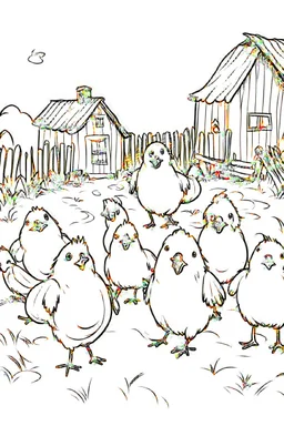Adorable chicks walk around the farm yard, pixar style, coloring pages, white background, thick black marker, clean line art, no shadows