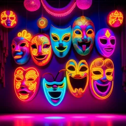 Hyper Realistic Neon-Lighting-Comedy-Masks-Floating On A Cultural Stage with Cultural-Celebration & Cultural-Ornaments Wall Background Cinematic & Dramatic Ambiance.