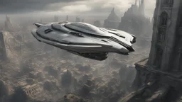 a photorealistic sleek silver spaceship flying over a ruined city