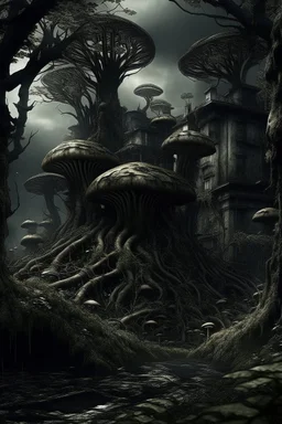 scary dark mushroom city in the forest