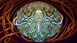 art by Alfons Mucha and Patrick Woodroffe, stained glass motif, Ouroboros, infinity symbol, mystical, mechanistic, metaphysical, serpentine, cosmic, nebula, HD 4K, sharp detail, photo-realistic, octane rendering, award winning photography, cinematic lighting