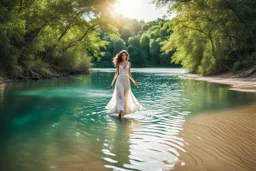 beautiful girl in pretty dress walking in water toward camera in trees next to wavy river with clear water and nice sands in floor.camera capture from her full body front