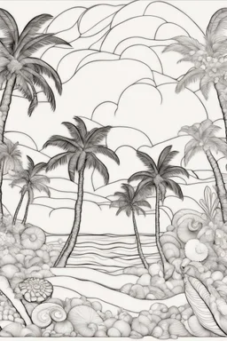 Palm trees with seashells, outlined in black and white with clear, substantial lines for an adult coloring book, contour, vector, clean line art, against a white background