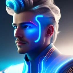 Handsome galactique man with blue and blond hair in the wind, lightining tron suit, lights, hight détails, cinematic, artstation, unreal engine 5, stars in background