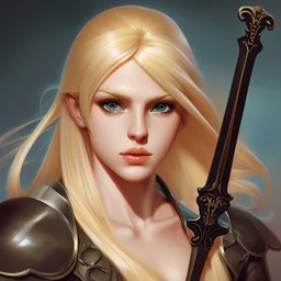 Portrait of beautiful blonde woman with a sword