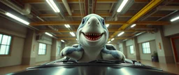 car driving happy 2d fluffy shark dog in the style of Escher and Giger and Fallout 4, pinhole cam, airbrush 3d rendering, on tv screen:A five-second cinematic single take in a clean industrial presentation hall.