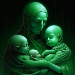 serene yet haunting scene depicts a humanoid cradling two children—one human, one humanoid—in her arms. The humanoid mother gazes at them with a peaceful expression. The human child, wrapped delicately in a green, net-like material, sleeps soundly, while the humanoid child, resembling its mother, nestles beside the sibling. Tears stream from the humanoids eyes, evoking a sense of sorrow suggesting both entrapment and technological dependency. Intricate patterns adorn her head, leading to a majes