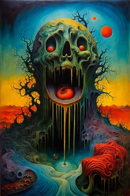 Hyperrealistic melting horror, high resolution, very detailed, volumetric light, mist, grim, fine art, decaying, textured oil over canvas, very colorful, ornate, Max Ernst