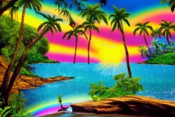 island waterfall palms twigs spring sunset rainbow bridge birds