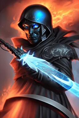 A commander with a matte black combat helmet and eyes with bright blue flaming pupils, a black cape and a long coat with long combat boots and a long, sharp and fiery spear and with his helmet under his cape and two blue flames instead of eyes