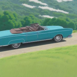 old cabriolet Cadillac front, de côté, metallic blue, in the green countryside with a beautiful blue sky