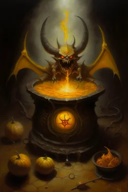 Living cauldron with yellow sigil, slightly demonic golem bat in it, prize winning oil painting