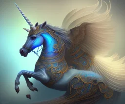 unicorn glowing, surreal fantasy art, highly detailed, intricate patterns on wings, soft studio lighting, smooth dark blue background 64k