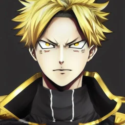 Detailed anime portrait of bakugo from my hero academia, gold hair and golden eyes, black suit, intricate details, full body portrait, keep head in frame, slight smile, black Japanese motif, concept art, highly detailed, digital painting, concept art, sharp focus, illustration, art by Yoji Shinkawa, WLOP and greg rutkowski and alphonse mucha and artgerm and yanjun Chen and Junji ito and Makoto Shinkai, HDR, octane render