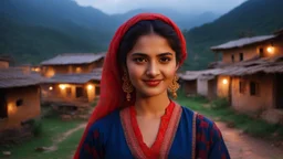 (Photographic Close View) The image should depict a serene evening scene of a traditional Pakistani village at beautiful dark rainy night, featuring a (closeup face view of a) young happy woman wearing a navy-blue checkered dress with red embroidery, surrounded by rustic houses, thick trees and breathtaking mountain landscapes, bathed in soft golden light and dramatic hues of orange, pink, and purple.