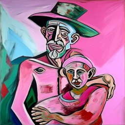 picasso man met kind op rug roze realistisch geschilderd