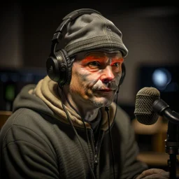 Christer Solvang, norwegian sami rapper in silver gloden studio and with a tiny weird hat, young dark and handsome, with thick hairy eyebrows, and tiny mic, directing a debate, photo-realistic, shot on Hasselblad h6d-400c, zeiss prime lens, bokeh like f/0.8, tilt-shift lens 8k, high detail, smooth render, down-light, unreal engine, prize winning