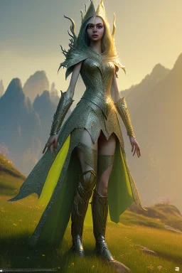 elven young woman, wearing light dress, happy expression, visible ultradetailed cute femine face, visible armonious 2 legs 2 feet 2 hands and 2 pointy ears, luminous weather, field in the mountains, ultra realistic, concept art, intricate details, highly detailed, photorealistic, octane render, 8 k, unreal engine, art by artgerm and greg rutkowski and charlie bowater and magali villeneuve and alphonse mucha