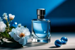 top shot of a perfume bottle on a blue table with flowers, gray spheres in the background, product photography in style of Kodak Portra — style raw — q 2 — s 250 — v 5.2 — ar 9:16