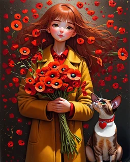 Create a moving illustration of a red girl wearing a yellow coat holding a bouquet of red poppies, standing peacefully, head leaning upward. A Oriental shorthair Siamese chocolate point cat with a red heart-shaped collar sits at her feet, looking up adoredly. Use a dark, textured background to accentuate the heat of the subjects. Emphasize a calm and introspective atmosphere. HD