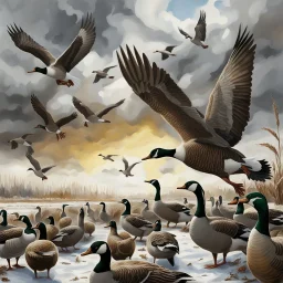 closeup image of a winter field of harvested corn, only the stubs left. scattered across the field are many Hyperrealistic alcohol ink oil illustration. Close up view of Groups of feeding/flying Canadian geese and Mallard ducks. the sky is gray and overcast and there are spots of accumulated snow. There is a lake and trees in the background. Natural colors. A cold feeling with a winter wind blowing and a strong winter sunset. Surreal mixed-media in the style of Thomas Kinkade, Norman Rockwell, a