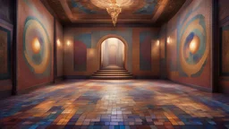 Superb pictorial multicoloured mosaic floor, tapestry-lined walls, relaxation, luxury, dream world, calm beauty, symmetry, fantasy world, magic, beautiful composition, exquisite detail, 135mm lens, adjust perspective, chiaroscuro, dynamic lighting