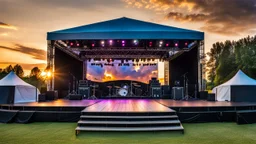 a big open disko stage in country side environment , at distance,blue sky pretty clouds ,sunset ,golden hour,closeup.