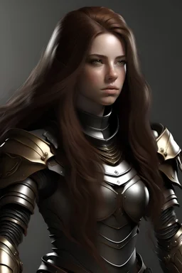 female with long brown hair, wearing metal armor