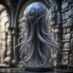 giger escher illithid mind flawyer witch sculpture in transparent murano glass in front of stone wall,bokeh like f/0.8, tilt-shift lens 8k, high detail, smooth render, down-light, unreal engine,bokeh like f/0.8, tilt-shift lens 8k, high detail, smooth render, down-light, unreal engine