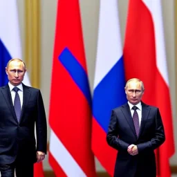 Putin in front of comunist flag, photo