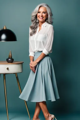 full body of very beautiful lady midi light blue skirt and bluse , gray hair ,standing idle happy pose in studio pretty makeup